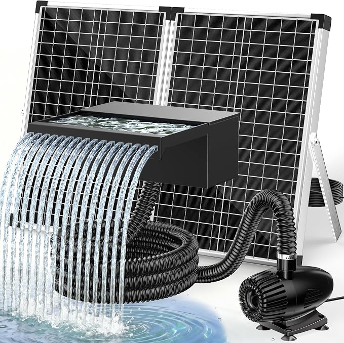 POPOSOAP 70W Solar Pond Waterfall Spillway with Pond Pump, Pond Spillway with 304 Stainless Steel & Filtration System & 9.8FT Tube for Pond Fountain Waterfall Garden Water Features-P5703S