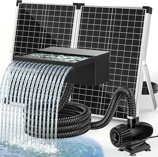 POPOSOAP 70W Solar Pond Waterfall Spillway with Pond Pump, Pond Spillway with 304 Stainless Steel & Filtration System & 9.8FT Tube for Pond Fountain Waterfall Garden Water Features-P5703S