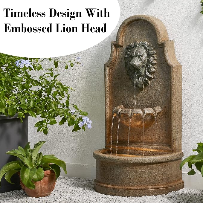 Glitzhome 3-Tier Outdoor Water Fountain with LED Light, Oversized Vintage European Style Lion Head Waterfall Fountains, Rustic Faux Granite Fountain for Garden Patio Deck Porch, 31.75”H