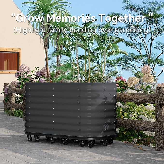 GarveeHome Self-Watering Wheeled Metal Garden Bed – Mobile Raised Planter Box with Water, Galvanized Steel Indoor/Outdoor Rolling Grow Station for Herbs, Veggies & Decor （59 in x23.6 in x27.5,Gray