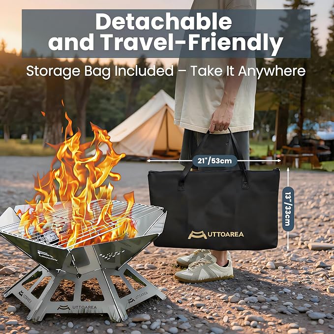 21" Portable Outdoor Fire Pit with Charcoal Grill Net & Storage Bag | 0.8mm Thick Stainless Steel, For Patio, Backyard BBQ, Camping & Beach Bonfires