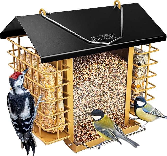iBorn Bird Feeders for Outdoors,Bird Feeder with Double Suet Holders,Suet Feeder for Outside,Weatherproof Metal Roof,Easy to Refill&Clean,3.2 LBs Seed Capacity+2X Cakes,1 Pack,Black Roof & Yellow Grid