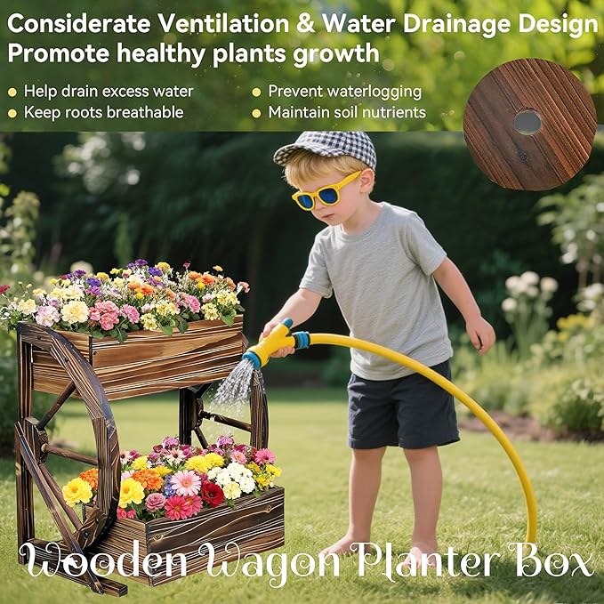 2 Tier Medium Wooden Wagon Planter Box|Outdoor Planter/Flower Pot for Indoor&Outdoor Plants-Rustic Garden Planter for Patio,Porch&Garden Decor-Raised Garden Bed for Succulents,Herbs,Vegetables