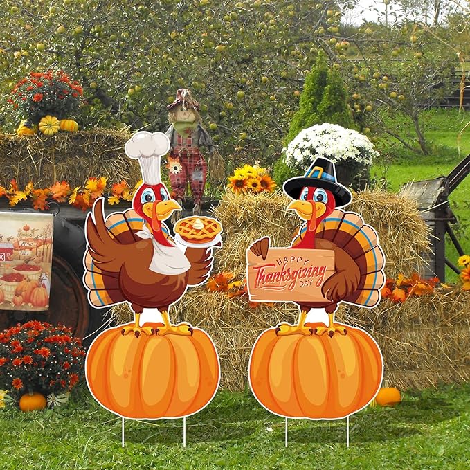 Large Thanksgiving Yard Signs 2pc with Stakes Happy Thanksgiving Decorations Outdoor Turkey Pumpkins Harvest Garden Wall Porch Signs Seasonal Holiday Party Supplies Lawn Yard Decorations