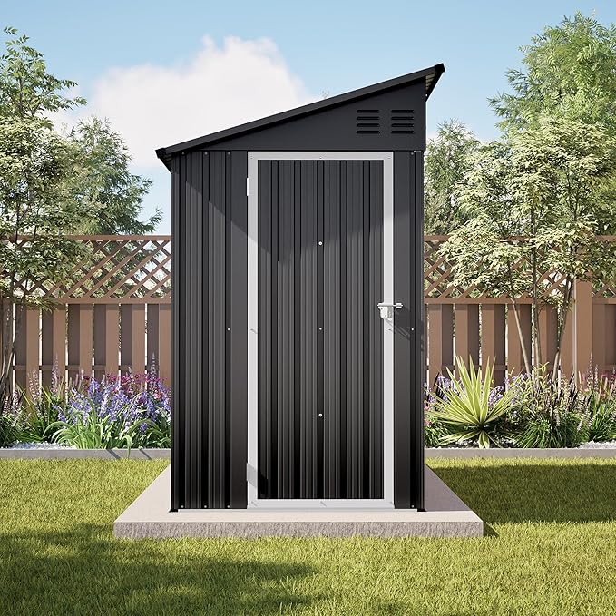 YOPTO 4×8 FT Lean to Metal Shed,Outdoor Heavy-Duty Storage Shed with Floor Base,All Weather Waterproof Garden Tool House W/Lockable Door&2 Air Vent,Reversible Door Design,for Backyard,Patio,Lawn,Black
