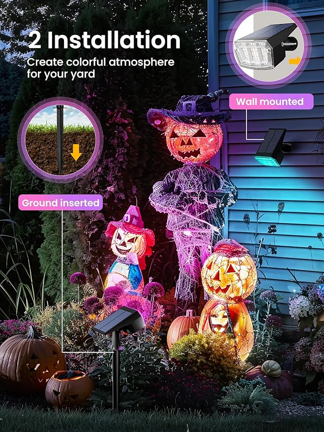 AUDERWIN Color Changing Solar Spot Lights Outdoor, 9 Lighting Modes Colored Solar Lights Outdoor RGB, Color Light Waterproof IP65, Landscape Spotlights for Halloween Christmas Decorations