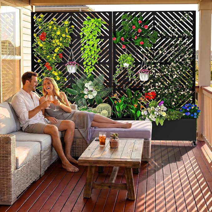 MTART Metal Planter Box with Trellis, 72.1"x47.2"x16" Outdoor Galvanized Raised Garden Bed with Privacy Screen & Drainage Holes & Lockable Casters for Climbing Plants, Vegetable (Arrow-Black1)