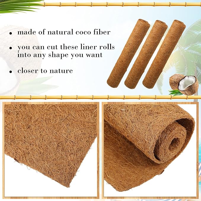 Jetec Coconut Liners for Planters, 12 x 120 Inch Natural Coco Planter Liner Flower Basket, Reptile Carpet, Fiber Mat, Garden Decoration, Animal Pet Reptile Pad