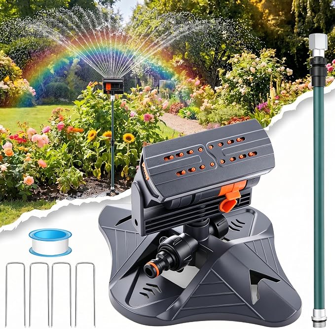 Oscillating Sprinkler with Adjustable Aluminum Riser, 4 Way Lawn Sprinklers for Yard and Garden, 16 Nozzles, Cover up to 4.069 sq. ft Ideal for Watering Different Heights(Triangular)