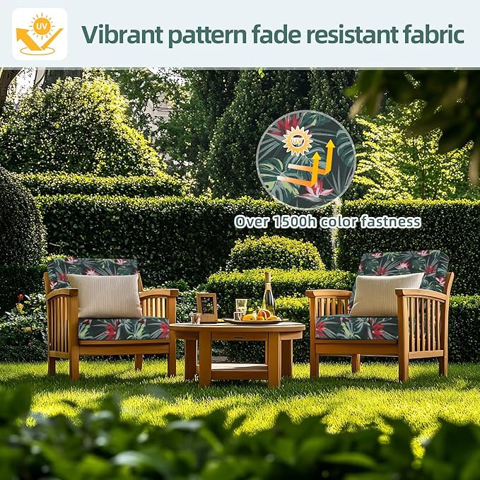 Favoyard Deep Seat Patio Cushion 19 x 19 x 3 in Waterproof Seat & Back Cushion Set with Color Fade Resisitant Pattern, Portable Handle, Attach Straps, Zipper on Removable Cover for Outdoor Furniture