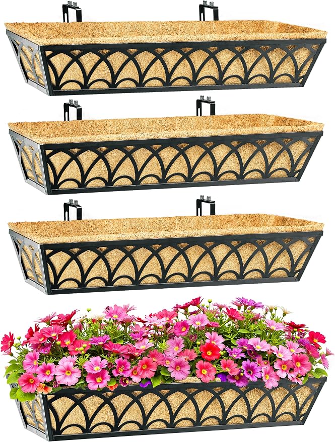 30 Inch Railing Planter Box Window Boxes Planters - 2 Pack Deck Railing Planter Boxes with Adjustable Brackets Coco Liners Balcony Planters Railing Hanging for Window Flower Boxes Outdoor Garden Decor