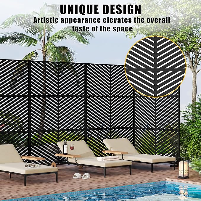 72" h × 47" w Outdoor Privacy Screen, Laser Cut Metal Garden Divider Panel with Tropical Leaf Design, Freestanding Weatherproof Privacy Fence for Patio Deck Backyard Balcony