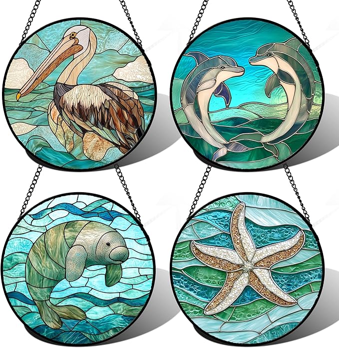 DASTOLL Stained Glass Window Hanging 4 Pcs Set Cyan Ocean Life Theme 6.3" - Sea Starfish Suncatcher Door Garden Sun Catcher Decor Birthday for Mom Woman Nana Men Friend
