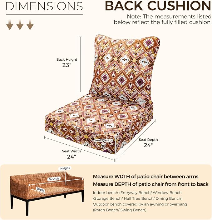 Art Leon Waterproof Outdoor Seat Cushion 24"x 24" 30D High Density Foam Patio Chair Cushions with Non-Slip Backing Patio Cushions for Patio Furniture Porch Swing Garden Bench Camping Stadium