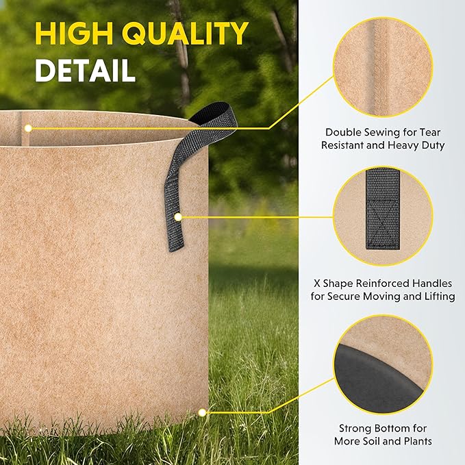 iPower 20 Gallon 10 Pack Grow Bags Nonwoven Fabric Pots Aeration Container with Strap Handles for Garden and Planting, 10-Pack Tan, 20 Gallon
