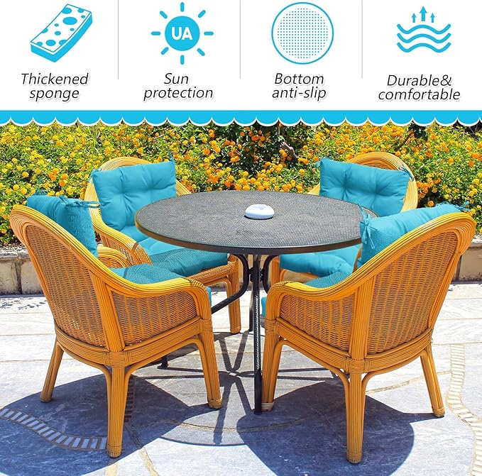 Marsui 4 Pcs Outdoor Indoor High Back Chair Cushions Patio Furniture Tufted Pillow with Ties Water-Resistant Replacement Outdoor Rocking Chair Cushions, 42 x 21 Inches (Lake Blue,Solid Color)