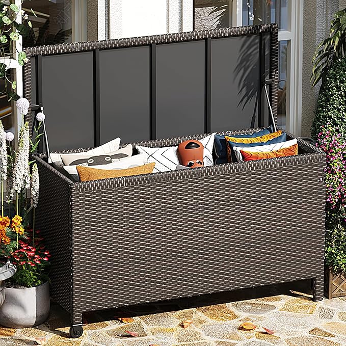 185 Gallon Outdoor Deck Box,Large Storage Bins with Lid, 2 Wheels and Handles, Patio Outdoor Bench with Storage, PE Rattan Wicker Box for Store Garden Tools, Patio Furniture Cushions, Pool Supplies