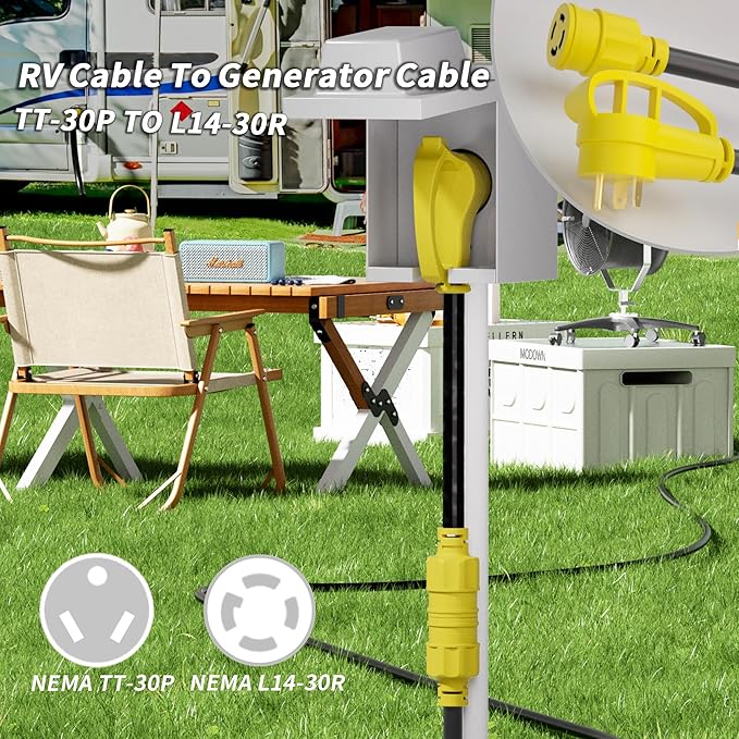 PlugSaf 3 Prong 30 Amp RV Generator Adapter Cord, NEMA TT-30 Male Plug to NEMA L14-30 Twist Lock Female Plug, 12 Inch(1 FT) 10 Gauge STW Power Cord, Max 30 Amp 125V/250V, Yellow, ETL Listed