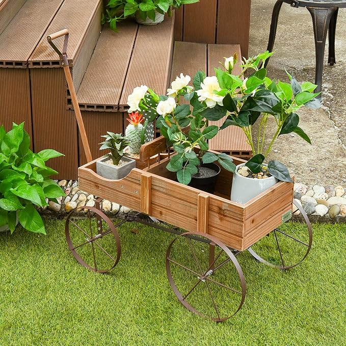 DORTALA Wood Wagon Planter, Outdoor Garden Flower Planter Cart with Wheels, Small Decorative Wood Raised Bed Plant Pot Box Stand for Backyard, Patio, Balcony, Natural