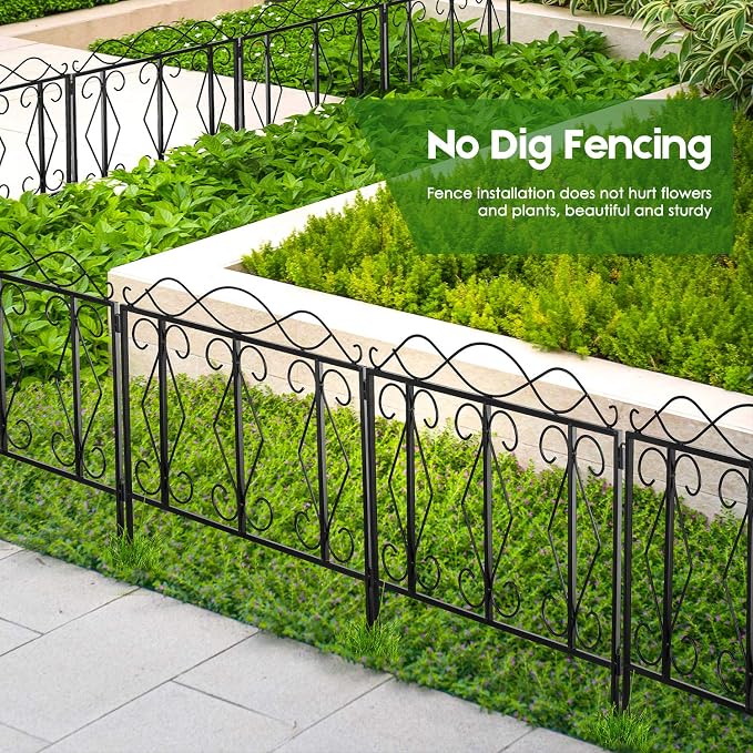 AMAGABELI 5 Panels 24in(H)×10ft(L) Decorative Garden Fences and Borders for Dogs No Dig Rustproof Metal Fence Panels Garden Fence Edging Border Animal Barrier Fencing Black