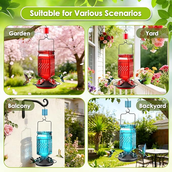 20oz Glass Hummingbird Feeder for Outdoors Hanging, Bird Nectar Feeder with 4 Bee Guard Flower-Shaped Feeding Ports & Built-in Ant Moat, for Bird Lover, Red (2 Pack)