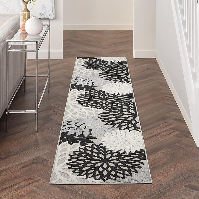 Nourison Home Aloha Indoor/Outdoor Black White 2'3" x 10' Area Rug, Tropical, Botanical, Easy Cleaning, Non Shedding, Bed Room, Living Room, Dining Room, Deck, Backyard, Patio (2x10)
