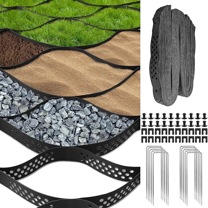 Gravel Grid 4 x 50FT-2" Depth HDPE Geo Grid 1885 lbs Per Sq Ft Load with U-Shaped Stakes & Connectors for Driveway, Patio, Shed Base, Parking Lot, Grass Stabilization, Black