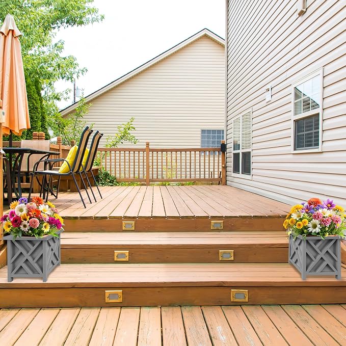 Lattice Design Outdoor Planter Box 2-Pack - 15.5” Square 16.5” Tall Gray Decorative Plant Pots for Front Porch Decor - Flower Pots Outdoor Planters for Porch Patio or Garden Decor by Pure Garden