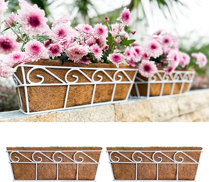 LaLaGreen Wall Mounted Planters (16 Inch, 2 Pack) Window Flower Boxes Basket Outdoor, Balcony Planter Over the Rail, Deck Railing Hanging with Coco Liners, White Metal Horse Troughs Fence Patio Porch