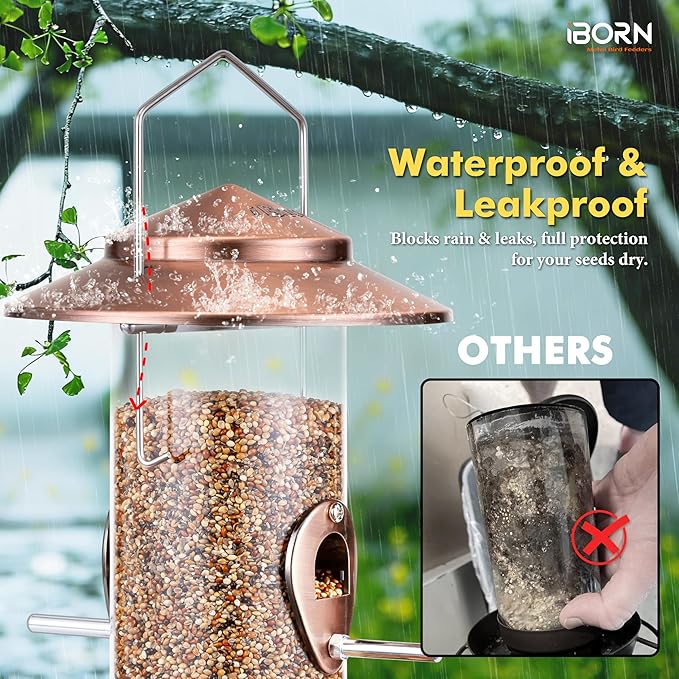 iBorn Bird Feeder Squirrel-Chew Proof Metal Hanging Birds Feeder Bird Feeders for Outdoors Hanging Outside for Cardinal, 3 Perches with 2 Feeding Ports, Brushed Copper (Seed is not Included)