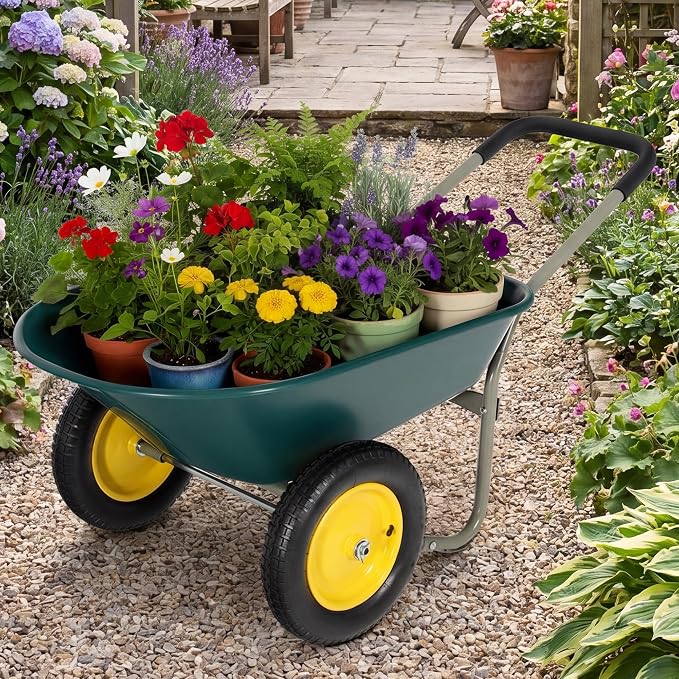 Autodaya Dual-Wheel Garden Cart, 14" Pneumatic Tires & Built-in Stand, 4.5 Cu Ft Utility Yard Wheelbarrow for Gardening, Soil, Construction, Easy Assembly