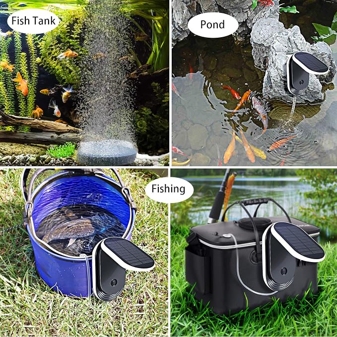 Lewisia Solar Air Pump + USB Charging Fish Aerator Bubble Oxygenator Aquaponics Fish Tank Koi Pond Aquarium Pool Aeration Sea Fishing Aquaculture Hydroponics Bubbleponics