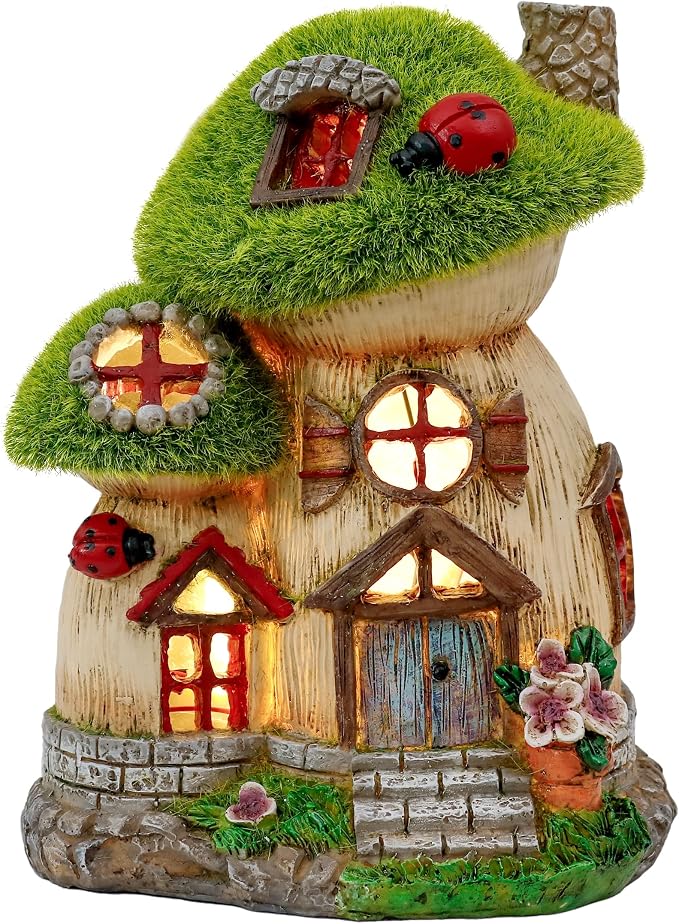 TERESA'S COLLECTIONS Mushroom Garden Statues with Outdoor Solar Light, Green Flocked Christmas Decorations for Home, Resin Fairy House Accessories Outdoor Decor Yard Thanksgiving Gifts for Mom, 8“