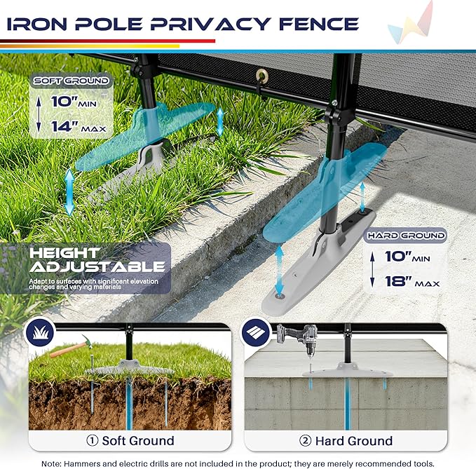 Windscreen4less Outdoor Privacy Fence Screen, 6'x89' Freestanding Privacy Fencing Set with Iron Poles and Ground Spikes, UV Resistant Mesh Cover Garden Pet Fencing for Backyard Patio Pool, Light Gray