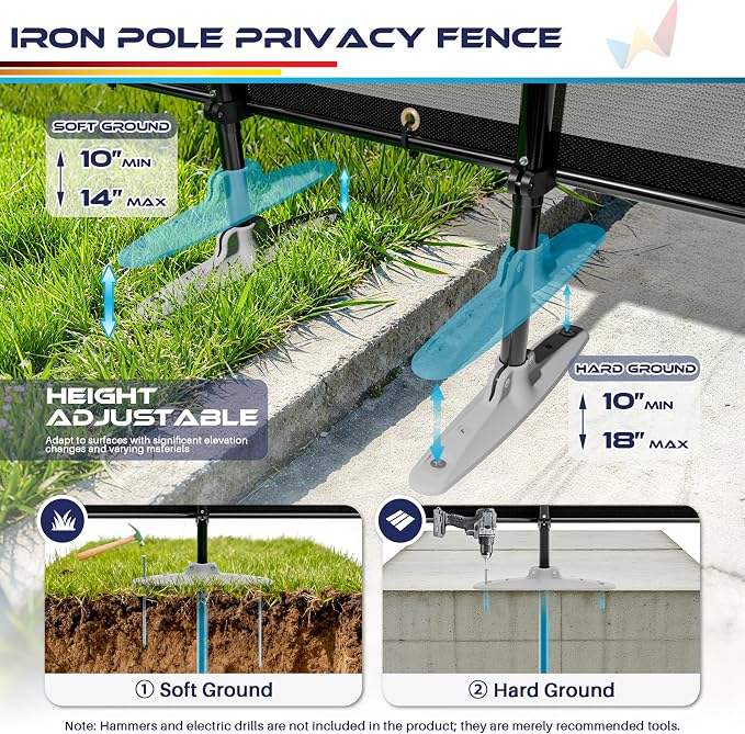 Windscreen4less Outdoor Privacy Fence Screen, 5'x11' Freestanding Privacy Fencing Set with Iron Poles and Ground Spikes, UV Resistant Mesh Cover Garden Pet Fencing for Backyard Patio Pool, Light Gray