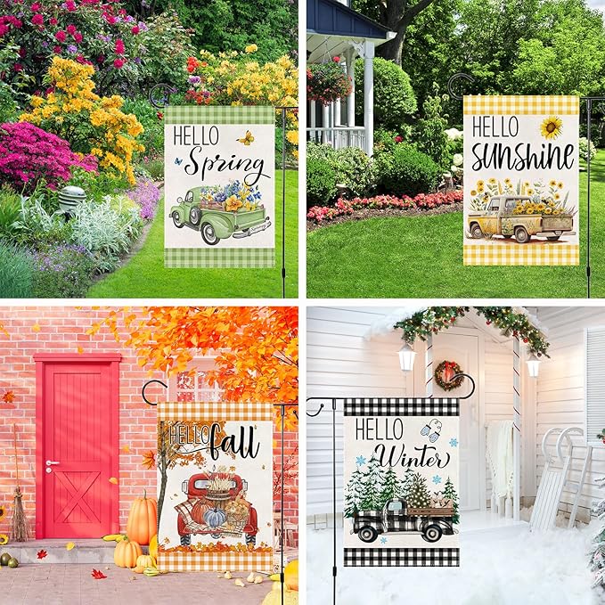 Seasonal Truck Garden Flags Set of 12 Double Sided 12 X 18 Inch Yard Flags Season Truck Garden Flags for Outside,Summer Fall Christmas Seasonal Flags for Outdoor Decorations for All Seasons