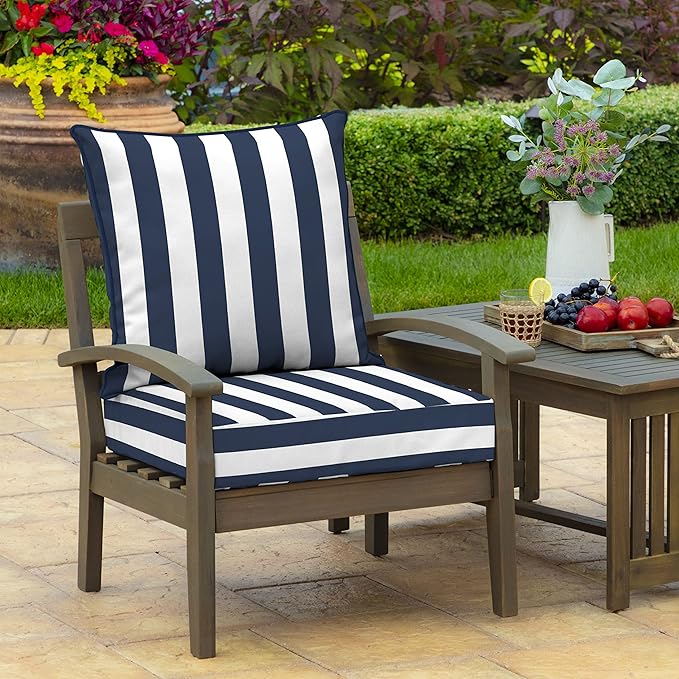 Arden Outdoor Deep Seat Cushion Set (2-Pack), 24 in x 24 in, Weather-Proof, Rain-Proof, Fade Resistant Patio Cushion for Chair, Sofa, and Couch Sapphire Blue Cabana Stripe