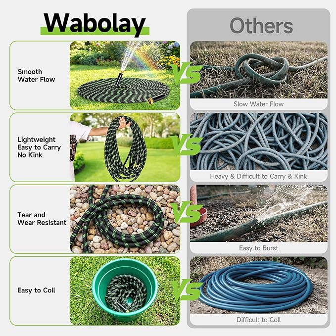 Garden Hose 25 ft Flexible Water Hose Non-Expanding Lightweight Kink-Free Hoses Durable Leak-Proof High Pressure Pipe with 3/4” Brass Fitting 10 Function Nozzle for Outdoor Yard Lawn Car Wash