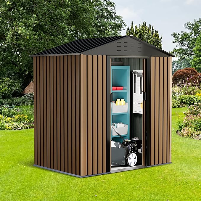 Large Metal Storage Shed, 6 x 4 FT Outdoor Storage Shed, Metal Garden Tool Shed with Roof, Door & Lock, Waterproof and Anti-UV, for Patio Garden Yard, Brown