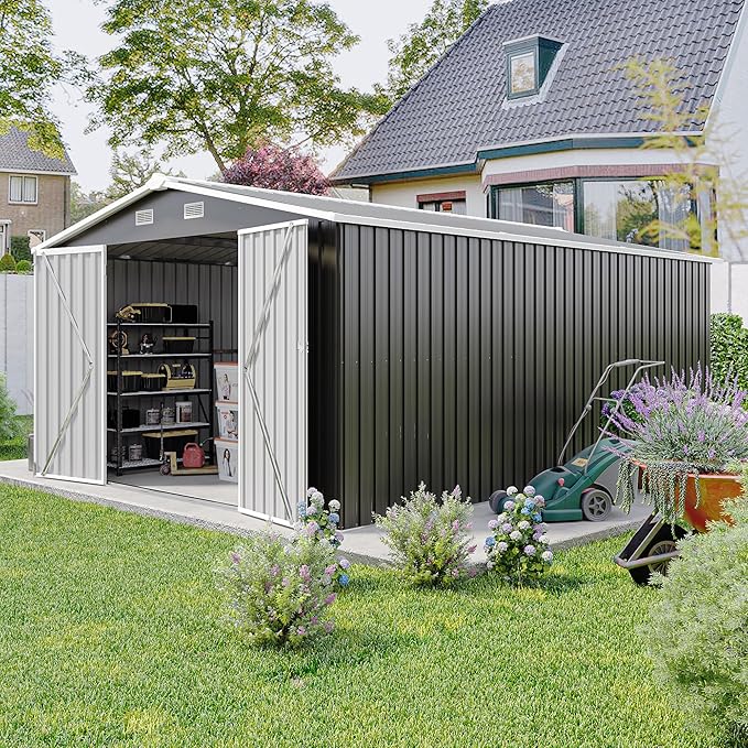 YOPTO 10x14 FT Outdoor Storage Shed, Extra Large Metal Garden Shed with Waterproof Roof, 4 Vents and 3 Lockable Doors,All-Weather Tool Shed Storage House for Backyard, Patio, Lawn,Dark Grey