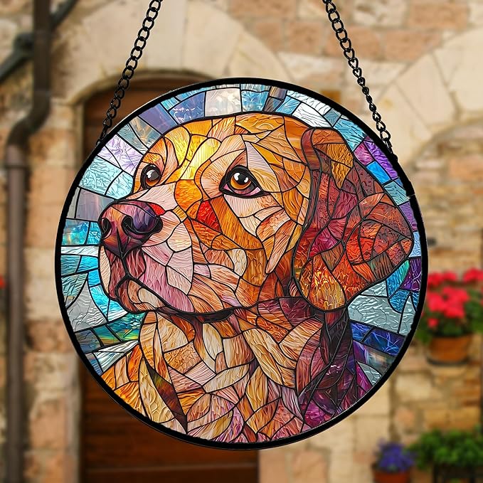 DASTOLL Stained Glass Window Hanging, Cute Dog Abstract Sun Catchers Colorful Glass Panel Texture Suncatcher Decor for Birthday for Women, Men, Wife, Aunt, and Mom 11.8x11.8 in