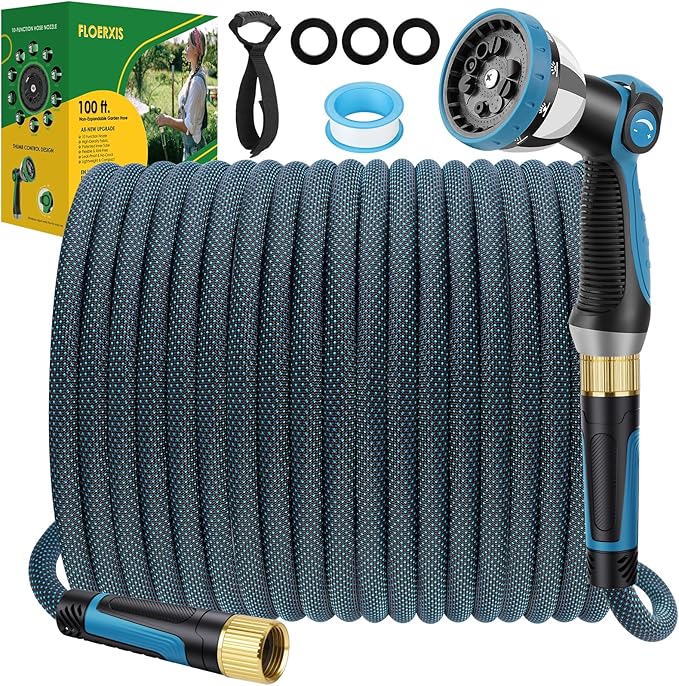 Non-Expandable Garden Hose 100 FT, Lightweight Hose with 10 Function Spray Nozzle, Kink-Free Flexible Water Hose, Durable, Leak-Proof, 360° Swivel Connectors, Portable Storage Strap
