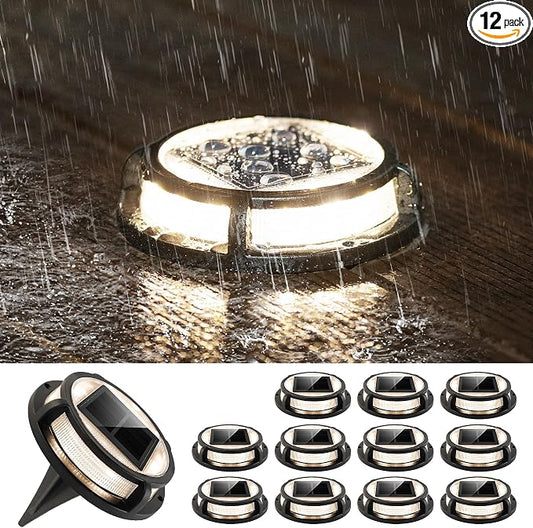 LUTEC 12 Pack Solar Driveway Lights, 12 LEDs IP67 Waterproof Outdoor Solar Dock Driveway Marker Lights for Step, Sidewalk, Pathway, Patio, Garden(Warm White)