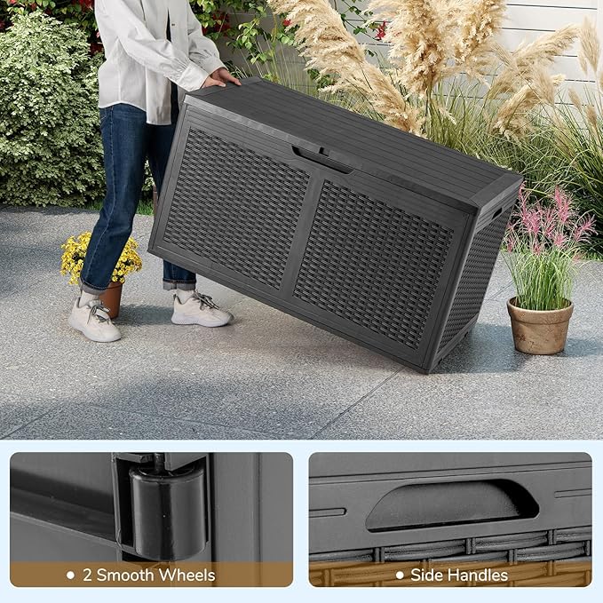 Moccha 100-Gallon Outdoor Storage Box - Waterproof Resin Deck Box with Lockable Lid & Wheels, Faux Rattan Outdoor Storage Bench for Pool Accessories, Garden Tool, Patio Furniture Cushion (Grey)