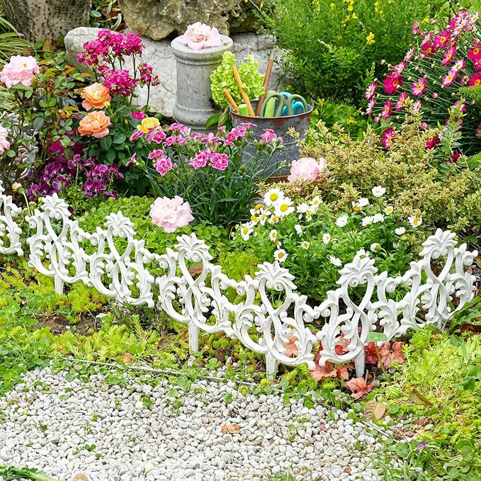 Sungmor Decorative Cast Iron Garden Edging,4 Pack Vintage Garden Border Fence for Lawn, Flower Beds and Patio,Heavy Duty Rustic Ornate Metal Fences,White Finish