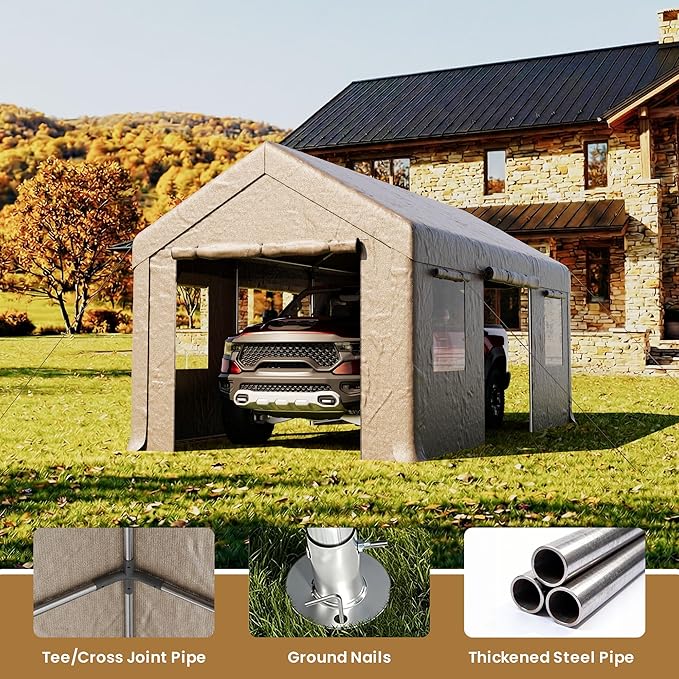 COSIEST 10'×20' Storage Shelter Outdoor Gable Roof Carport with Removable Side Walls, Heavy-Duty Garage Canopy Weatherproof PE Cover, Multi-Purpose Vehicle/Tractor Shed for Backyard/Driveway/Farm
