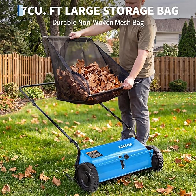 26 Inch Push Lawn Sweeper with 7 Cu.ft Hopper Bag, Heavy Duty Walk Behind Yard Sweeper & Leaf Collector, Carbon Steel Push Leaf Sweeper for Garden Grass, Adjustable Brush Height for Patio & Driveway