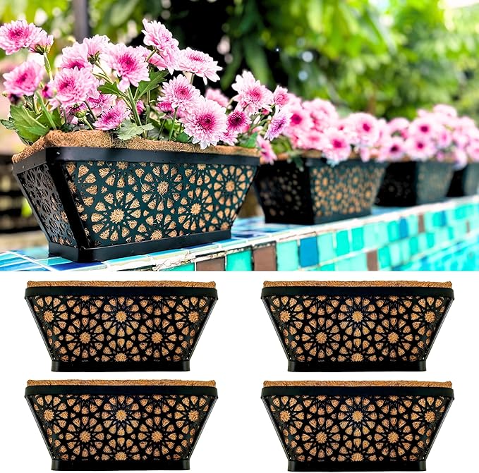 LaLaGreen Window Boxes Planters for Outdoor Plants (12 Inch, 4 Pack) Small and Cute Black Metal Fence Hanging Flower Box Basket with Coco Liner Unique Horse Troughs Balcony Garden Pot Patio Porch Rail