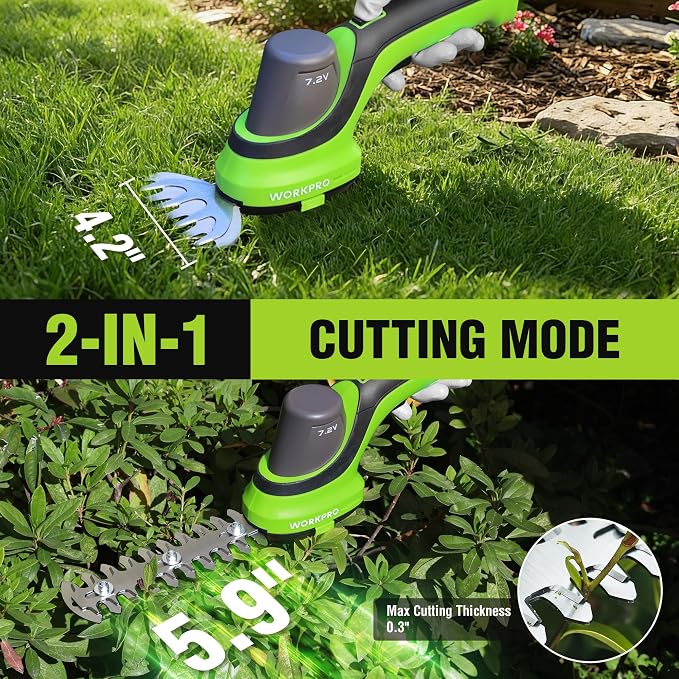 WORKPRO 7.2V Handheld Grass Trimmer, 2-in-1 Cordless Hedge Trimmer & Grass Shears with 2Ah Battery, Small Bush & Shrub Trimmer for Lawn Edging, Garden, Yard & Hedge Trimming