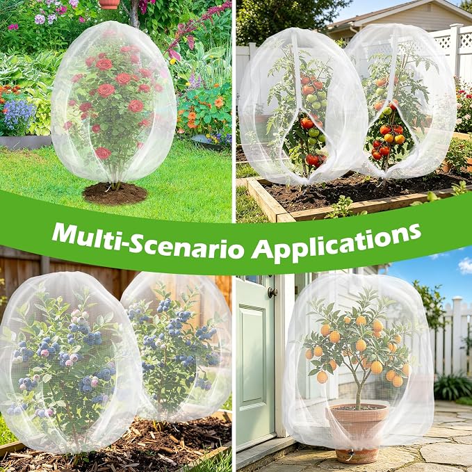 4PCS 2.7Ft × 3.3Ft Fruit Tree Netting with Zipper and Drawstring, 60 Mesh Thickened Garden Bird Netting for Blueberry Bushes, Fruits, Vegetables, Insect Bird Barrier Mesh Protective Cover